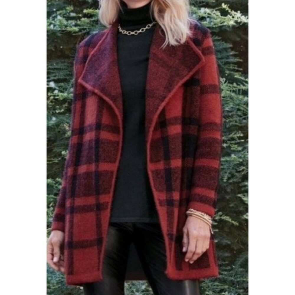 Soft Surroundings Women's Small Red/black Plaid Open Front Long Sleeve Cardigan